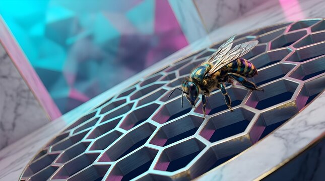 Cyberpunk Bee on Hexagonal Metallic Surface with Neon Background