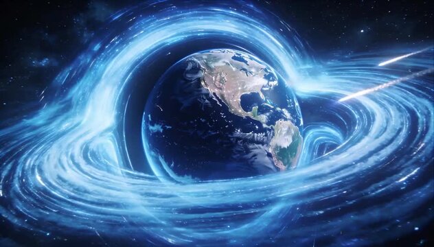 Glowing blue vortex around earth in dark space cosmic energy swirl planet orbit galaxy atmosphere space science technology spiral celestial world map North America universe night
