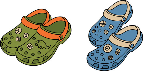Colorful rubber clog shoes vector set, cute garden sandals with charms icons for Adobe Stock design
