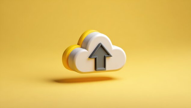 Cloud upload icon 3d render on yellow background data transfer concept
