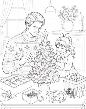 Father and Daughter Coloring Pages Collection Featuring Educational Activities, Family Bonding, Birthday Celebration, Nature Walks and Creative Learning Line Art Set