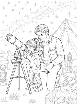 Father and Daughter Coloring Pages Collection Featuring Educational Activities, Family Bonding, Birthday Celebration, Nature Walks and Creative Learning Line Art Set