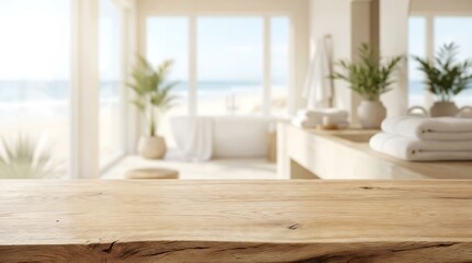 Fototapeta premium Empty wooden table surface on blurred beach luxury bathroom interior background for cosmetic product mockup display