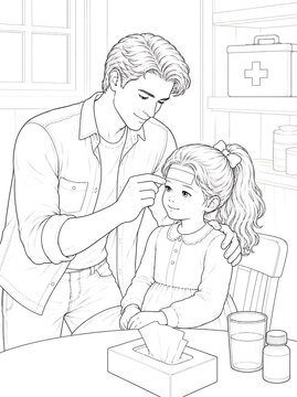 Father and Daughter Coloring Pages Collection Featuring Educational Activities, Family Bonding, Birthday Celebration, Nature Walks and Creative Learning Line Art Set