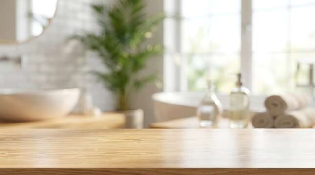 Empty wooden counter in bright modern bathroom blurred background for cosmetic product display and web banner mockup.