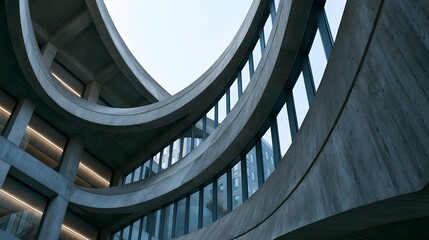 Fototapeta premium A modern architectural structure featuring sweeping curved concrete walls and large glass under an open sky