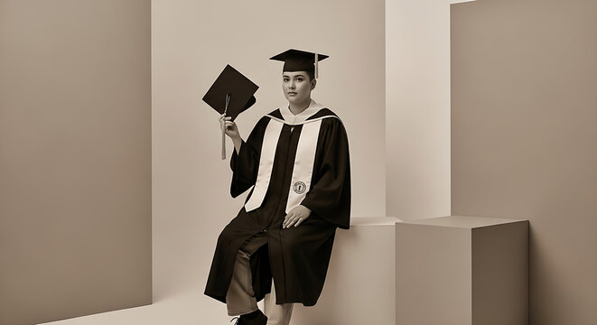Young Graduate in Cap and Gown Holding Mortarboard