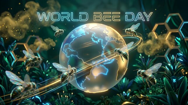 Glowing Globe with Bees and Hexagonal Honeycomb Pattern for World Bee Day
