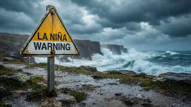La Ni&ntilde;a warning sign on coastal landscape during heavy storm. Severe weather warning sign during extreme rain and ocean storm.