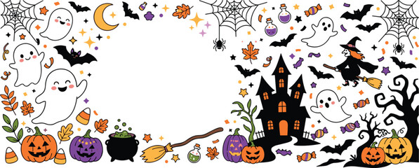 Naklejka premium Halloween border frame with cute ghosts pumpkins witch house bats cobwebs and magic potions for festive party decoration design