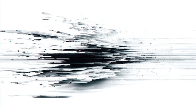 Glitching digital data stream on a white background with pixelated errors, horizontal streaks and abstract noise for a technology themed backdrop.