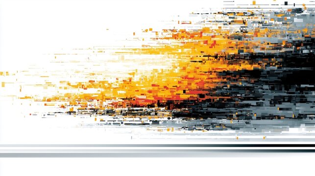 Abstract glitch data stream across a white background with orange, black, and gray pixelated noise and digital distortion, leaving wide negative space for text.
