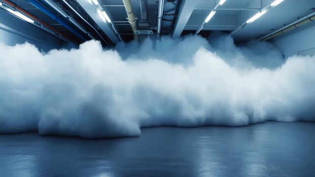 Dense white fog fills industrial hallway with cold blue overhead lighting, exposed ceiling pipes, reflective floor, centered symmetry, and empty modern utility space
