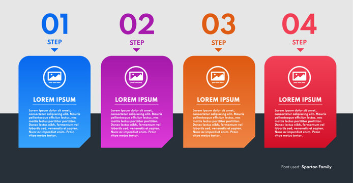 Business infographic template with four steps, dark 2x2 grid card boxes with colorful ribbon banners, vertical icon placeholders and text layout over light background