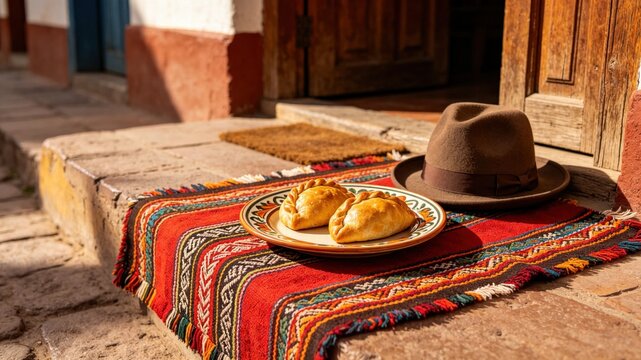 Aguayo textile with salte&ntilde;as and bowler hat on doorstep, Bolivian tradition concept.