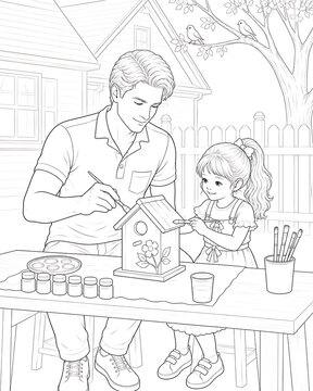 Father and Daughter Coloring Pages Collection Featuring Educational Activities, Family Bonding, Birthday Celebration, Nature Walks and Creative Learning Line Art Set