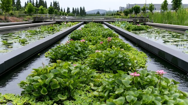 Rows of lush green aquatic plants and pink flowers thrive in structured water channels within a modern ecological wastewater treatment facility