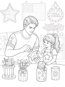 Father and Daughter Coloring Pages Collection Featuring Educational Activities, Family Bonding, Birthday Celebration, Nature Walks and Creative Learning Line Art Set