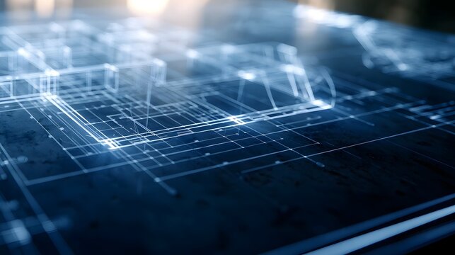A futuristic blue toned architectural blueprint with glowing lines and grid patterns on a dark surface