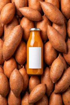 Sweet Potato Energy Juice Bottle mockup on Top of Fresh Raw Orange Batatas