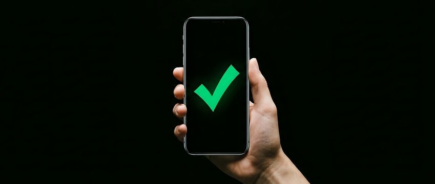 Hand holding smartphone displaying green checkmark on black screen against dark background, symbolizing approval, success, confirmation, and mobile validation for app design and digital marketing.