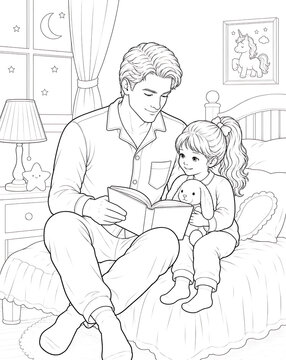 Father and Daughter Coloring Pages Collection Featuring Educational Activities, Family Bonding, Birthday Celebration, Nature Walks and Creative Learning Line Art Set