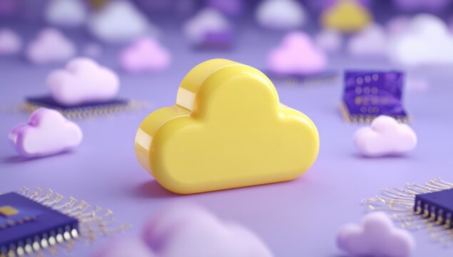 Cloud computing technology yellow cloud icon with microchips and pastel background