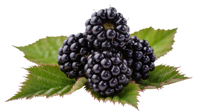 Ripe juicy blackberries with green leaves, isolated on transparent background