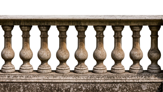 Weathered stone balustrade with ornate balusters, isolated on transparent background