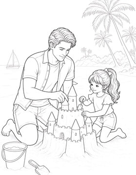 Father and Daughter Coloring Pages Collection Featuring Educational Activities, Family Bonding, Birthday Celebration, Nature Walks and Creative Learning Line Art Set
