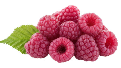 Pile of ripe red raspberries with a green leaf, isolated on transparent background © Alexandra