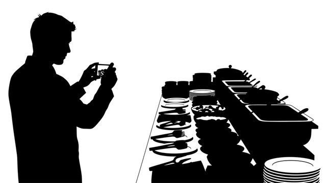 Silhouette of a man taking a photo of a buffet spread
