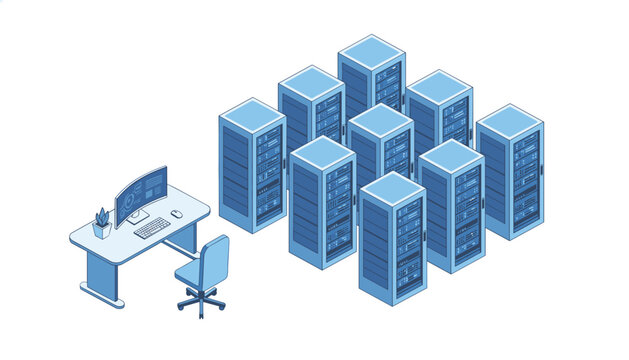 Isometric office space setup with a modern desk and computer adjacent to a cluster of server racks for corporate data management tasks.