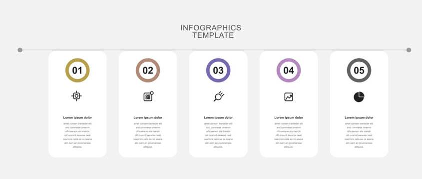 Professional business template showing five white vertical option rectangles arranged horizontally on grey backdrop perfect for workflow step infographics