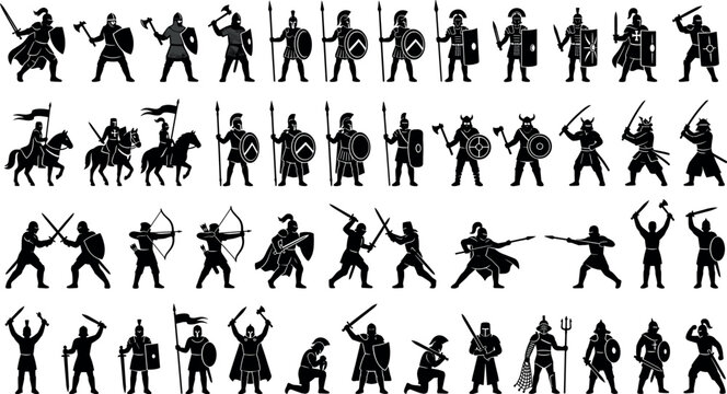 Massive collection of ancient warrior silhouettes featuring gladiators spartans knights vikings samurai and cavalry soldiers with weapons, vector illustration isolated on white background.