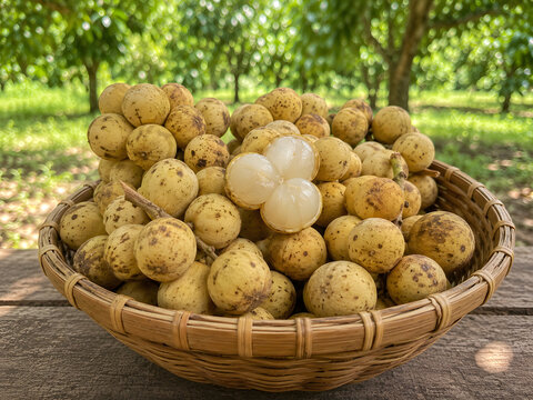 Fresh longkong fruits with peeled one showing translucent white segments in wicker basket