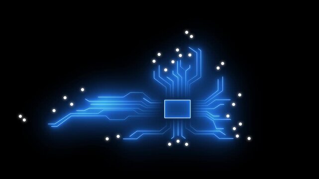 Glowing Blue Microchip with Digital Circuit Connections on Black Background. Ideal for AI, Processor, Computing, Technology, Electronics, and Futuristic Network Concepts.