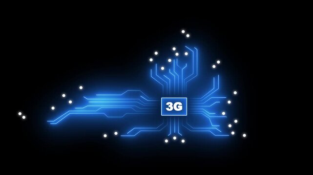 Glowing 3G Network Processor Chip with Blue Digital Circuit Connections on Black Background. Ideal for Mobile Communication, Wireless Technology, Telecommunications, and Futuristic Network Concepts.