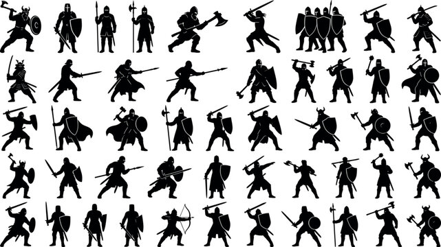 Medieval warrior silhouette vector collection featuring historical soldiers knights vikings samurai and gladiators with swords shields spears and axes