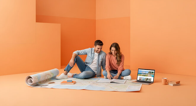 Couple Planning a Trip Together on a Map