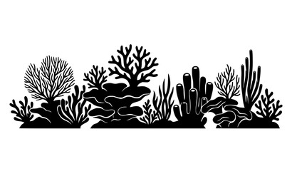 Panoramic Coral Reef Silhouette Vector Featuring Diverse Tropical Coral Formations Isolated on White Background for Coastal and Ocean Graphics © Md Humaun