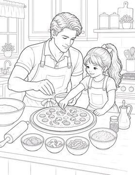 Father and Daughter Coloring Pages Collection Featuring Educational Activities, Family Bonding, Birthday Celebration, Nature Walks and Creative Learning Line Art Set