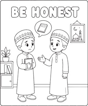 Islamic manners illustration with children honesty concept black and white line art