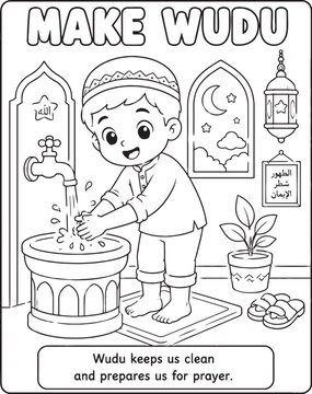 Islamic wudu illustration for children black and white line art with religious elements