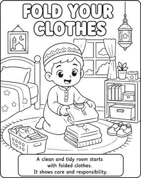 Islamic manners coloring page with a boy folding clothes in bedroom black and white illustration