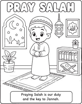 Islamic manners coloring page featuring a boy praying salah black and white illustration