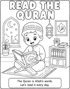 Islamic manners coloring page with boy reading the quran and mosque illustration