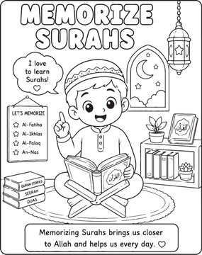 Islamic education illustration with boy memorizing surahs and quran black and white line art
