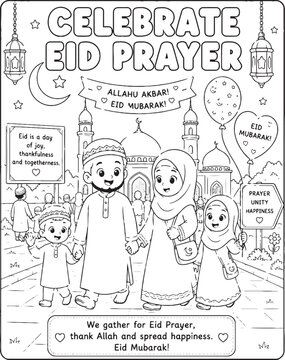 Eid Mubarak illustration with family and mosque coloring book style line art