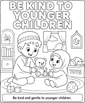 Islamic manners illustration with children and toys black and white line art for coloring books